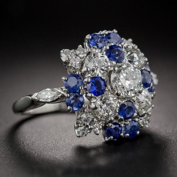 14k White Gold 💎Diamond Sapphire Starburst Dinner Ring, F288 - Picture 11 of 12